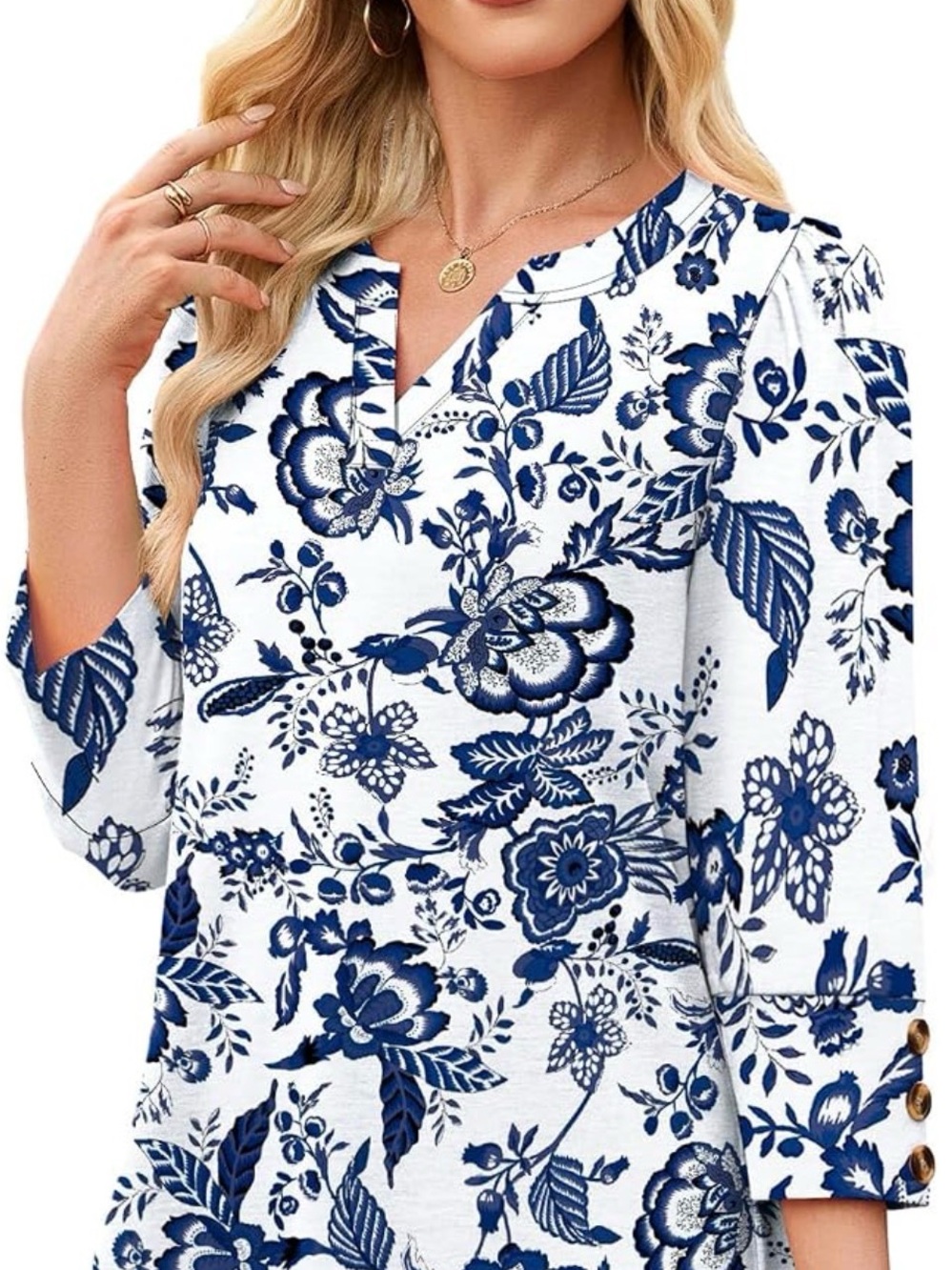 Wiholl Women's White Blouse with Navy Blue Floral.  V-Neck. Size L. NWT.